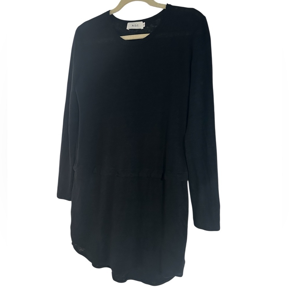 A.L.C. Black Linen Sheer Long Sleeve Dress XS Lined High Low Hem - Picture 2 of 7